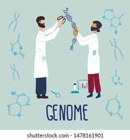 Scientists editing DNA structure, they surrounded by chromosomes, nucleotides, test tubes, loupe. Genetic engineering and genome or gene sequencing concept. Colorful doodle vector illustration.