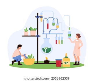 Scientists engage in organic chemistry research, focusing on herbal medicine. Plants, test tubes, and beakers, emphasizing the synthesis of natural remedies in a lab setting vector illustration