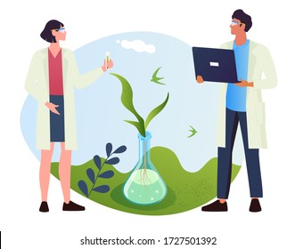 Scientists Are Engaged In Scientific Research In Agriculture. Vector Illustration Of A Male Agronomist With Glasses And A Laptop And A Female Scientist With A Test Tube In His Hand. Concept.