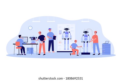 Scientists and engineers creating and constructing humanoid robots. People developing hardware for human machines. Vector illustration for robotic science, technology, invention concept