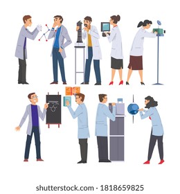 Scientists, Engineers or Programmers in Lab Set, Men and Women in White Coats Doing Medical, Physical, Chemical Researches with Laboratory Equipment Vector Illustration