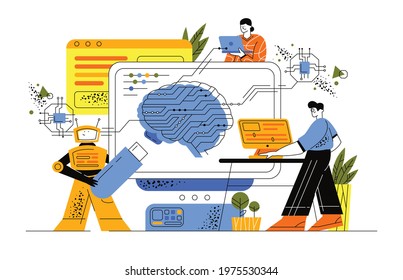 Scientists examine the brain on a huge tablet. The robot holds a large flash drive and data. A guy and a girl conduct analytics on computers and create artificial intelligence. Teamwork. 