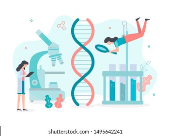 Scientists examine the genome in a research laboratory. DNA research concept. Flat vector illustration.
