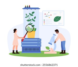 Scientists examine plants in a lab setting, using a giant magnifying glass and microscope. Test tubes, a DNA chart, and various laboratory equipment, highlighting research vector illustration