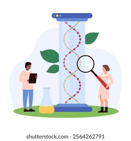 Scientists examining DNA strands within a test tube environment, with a researcher using a magnifying glass and holding a clipboard, highlighting innovation in genetic testing vector Illustration