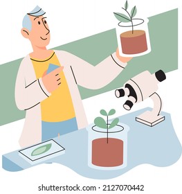 Scientists examining green plant using lab tools. eco friendly technology, research on environmental protection concept. Ecologist conduct research in biological laboratory, take care of nature