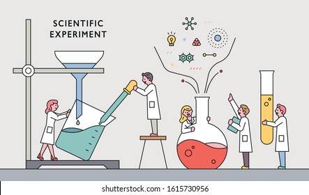 Scientists are experimenting together with a huge laboratory device. flat design style minimal vector illustration.