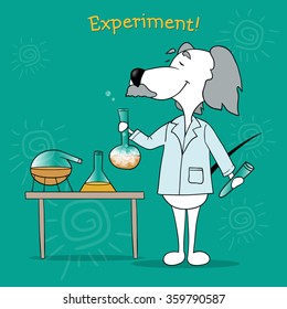 The scientist's experiments. Positive motivating card. Illustration of a cartoon dog.