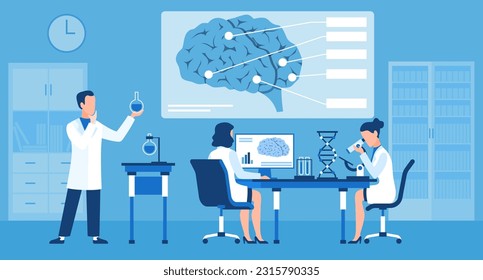 Scientists explore human brain in lab. Doctors group in science laboratory. biological or medical research with professional test clinical equipment. Cartoon flat isolated vector concept