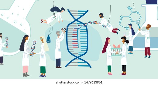 Scientists Exploring By Human Genome Project. CRISPR- Cas9. Genome Sequencing, Research, Genetic Engineering Concept. Big Set For  Poster, Article, Banner, Advertising