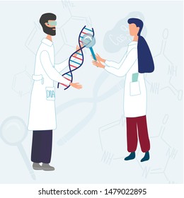 Scientists exploring DNA structure. Background with chromosomes, nucleotides, loupe. Genetic engineering and genome sequencing concept. Colorful doodle vector illustration in cartoon style.