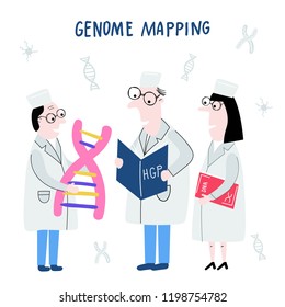 Scientists Exploring DNA Structure. Hand Drawn Genome Sequencing Concept Made In Vector. Human Genome Project.