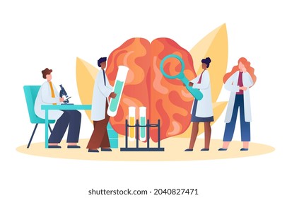 Wissenschaftler, die erforschen, wie das Gehirn funktioniert. Mädchen mit Lupe und Mann mit Flaschen. Head Tomography Konzept. Diagnostik, Forschung. Cartoon-FlachVektorgrafik einzeln auf weißem Hintergrund