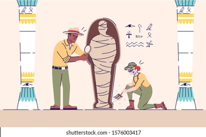 Scientists exploring mummy flat vector illustration. Archeological excavations working process. Mysteries of past studies. Man and woman analyzing egyptian artifact cartoon characters