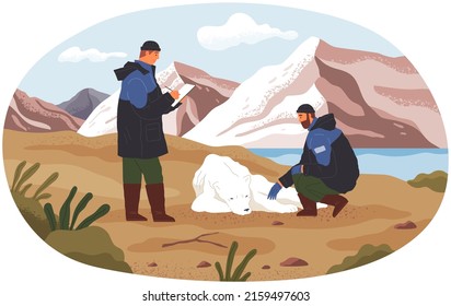 Scientists exploring nature and making notes. Researchers analyze wildlife of Arctica. Environmental and ecology research. People conduct ecological analysis. Explorers near wild mammal, polar bear