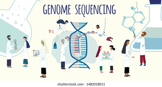 Scientists exploring, working by human genome project. CRISPR- Cas9. Genome sequencing, research, genetic engineering concept. Big set of science for  a poster, article, banner, advertising