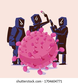 Scientists extracting part of viruses. Discover the vaccines against coronavirus - vector illustration
