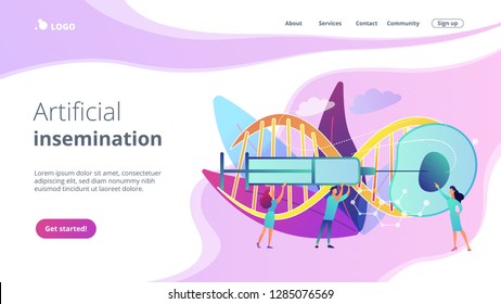 Scientists fertilize huge cell with syringe. Artificial reproduction, in vitro fertilization, artificial propagation concept on white background. Website vibrant violet landing web page template.