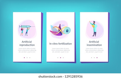 Scientists fertilize huge cell with syringe. Artificial reproduction, in vitro fertilization, artificial propagation concept on white background. Mobile UI UX GUI template, app interface wireframe
