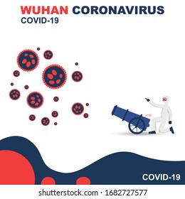 scientists are fighting against the corona virus. medical officers shoot the virus with cannons. vector