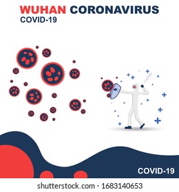 scientists are fighting against the corona virus. medical officers wield swords and shield. vector