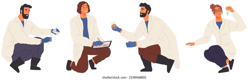 Scientists with flaks, test tube, data clipboard. Researchers working on scientific experiment with biomaterial. People in lab coats with research equipment. Men and women work with laboratory testing