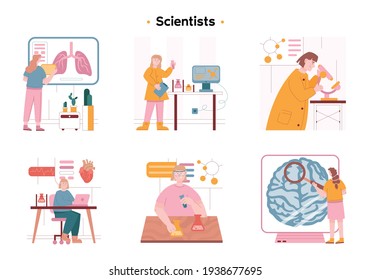 Scientists with flasks, a microscope and a computer are working to develop an antiviral treatment. The girl looks at the brain through a huge magnifying glass. Professor examines lungs on a large boar