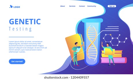 Scientists with folder and clipboard working with huge DNA in test tube. Genetic testing, DNA testing, genetic diagnosis concept on white background. Website vibrant violet landing web page template.