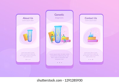Scientists with folder and clipboard working with huge DNA in test tube. Genetic testing, DNA testing, genetic diagnosis concept on white background. Mobile UI UX GUI template, app interface wireframe