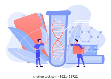 Scientists with folder and clipboard working with huge DNA in test tube. Genetic testing, DNA testing, genetic diagnosis concept on white background. Pinkish coral bluevector isolated illustration