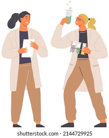 Científicos con tubos de ensayo de vidrio estudiando química. Los investigadores médicos realizan experimentos químicos e investigaciones científicas, analizando líquidos de laboratorio. Los compañeros trabajan con equipos de laboratorio