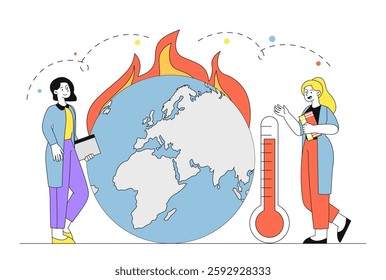 Scientists with global warming. Women with thermometers near burning planet. Global environmental problems. Caring for nature and environment. Linear vector illustration