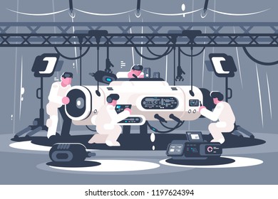 Scientists group preparing equipment for launching. Engineers teamwork concept. Flat. Vector illustration.