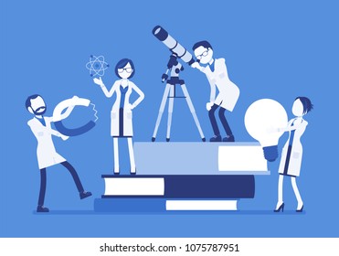 Scientists group researching with tools, near giant books. Male, female experts of physical or natural laboratory in white coat. Science and education concept. Vector illustration, faceless characters