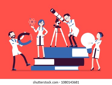 Scientists group researching with tools, near giant books. Male, female experts of physical or natural laboratory in white coat. Science and education concept. Vector illustration, faceless characters