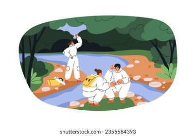 Scientists group take water samples in nature. Biologists test, study quality, chemical content analysis. Ecologists check, research aqua. Flat graphic vector illustration isolated on white background