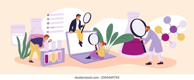 Scientists group work together. People with magnifying glasses. Chemicals inspection. Pharmacology research. Laboratory beakers. Persons looking with magnifiers. Garish