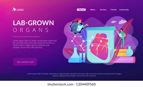 Scientists growing big heart in test tube in laboratory. Lab-grown organs, bioartificial organs and artificial organ concept on white background. Website vibrant violet landing web page template.