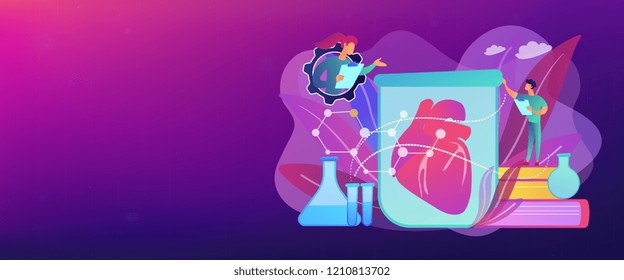 Scientists growing big heart in test tube in laboratory. Lab-grown organs, bioartificial organs and artificial organ concept on white background. Header or footer banner template with copy space.