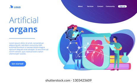 Scientists growing big heart in test tube in laboratory. Lab-grown organs, bioartificial organs and artificial organ concept on white background. Website vibrant violet landing web page template.