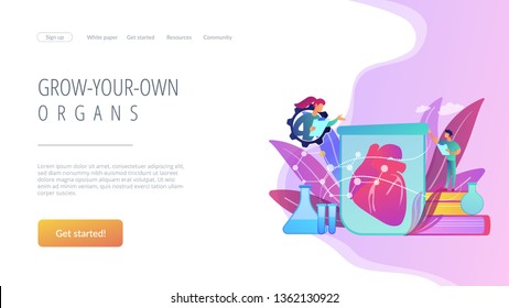 Científicos cultivando gran corazón en tubo de ensayo en laboratorio. Órganos cultivados en laboratorio, órganos bioartificiales y el concepto de órganos artificiales sobre fondo blanco. Plantilla de página web de aterrizaje violeta vibrante del sitio web.