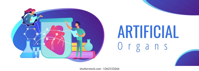 Scientists growing big heart in test tube in laboratory. Lab-grown organs, bioartificial organs and artificial organ concept on white background. Header or footer banner template with copy space.
