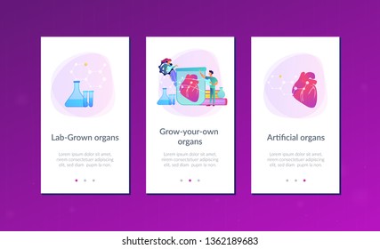 Scientists growing big heart in test tube in laboratory. Lab-grown organs, bioartificial organs and artificial organ concept on white background. Mobile UI UX GUI template, app interface wireframe