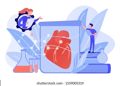 Scientists growing big heart in test tube in laboratory. Lab-grown organs, bioartificial organs and artificial organ concept on white background. Pinkish coral bluevector isolated illustration