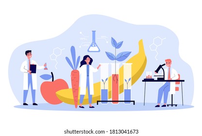 Scientists growing plants in lab, cultivating genetic modified vegetables and fruits, doing research. Vector illustration for biology, artificial food, agriculture concept