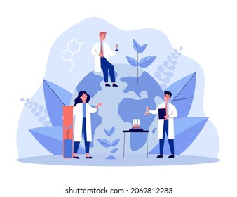 Scientists growing sprouts of plants in laboratory flasks. Environmental chemical research of people flat vector illustration. Ecology, science concept for banner, website design or landing web page