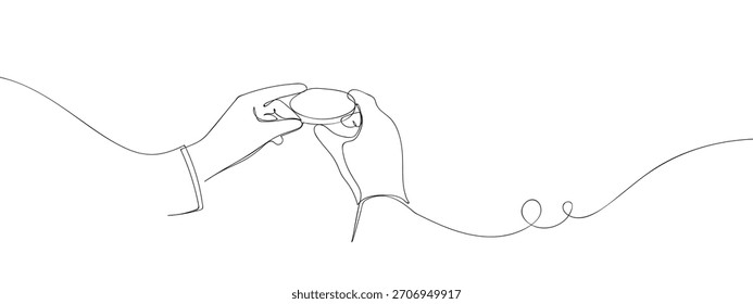 Die Hand des Wissenschaftlers, die ein Tablett mit Keimen in einer durchgehenden Linie hält. Liniendesign, Vektorgrafik.
