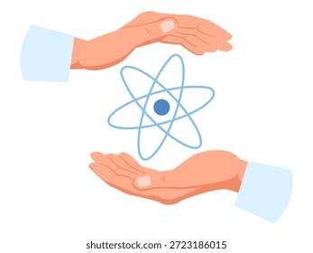Cientistas dão as mãos para proteger o átomo. Energia nuclear segura. Molécula na palma. Armas seguram modelo atômico. Gesto de proteção. Estrutura física. Pesquisa química. Núcleo e elétrons em rotação. Conceito de vetor