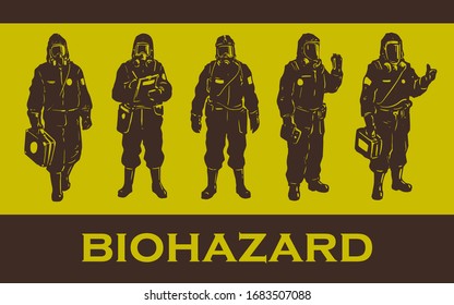 scientists in hazmat suit chemical biohazard protection vector illustration