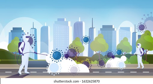 scientists in hazmat suits cleaning disinfecting coronavirus cells epidemic MERS-CoV virus wuhan 2019-nCoV pandemic health risk modern city street cityscape background horizontal vector illustration